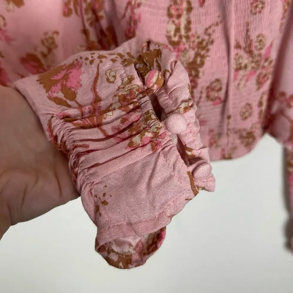 Free People Hilary Printed Floral Top Size S Pink Combo Long Sleeve Open Back